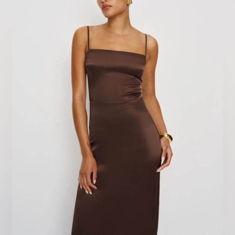 NEW Reformation Frankie Silk Maxi Navy Dress Gown Cafe Brown | US 0 UK 4 - Picture 2 of 13